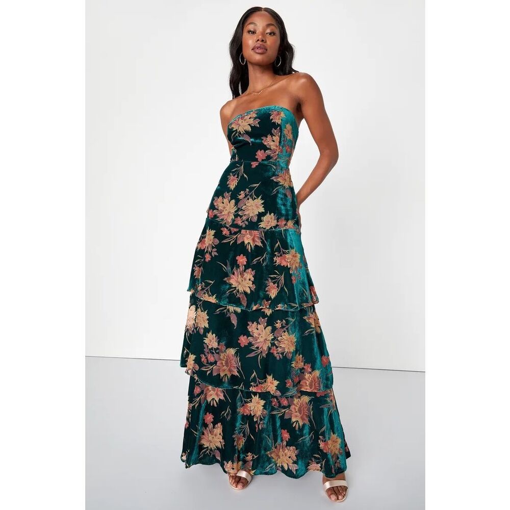Lulu's Teal Floral Strapless Maxi Dress
